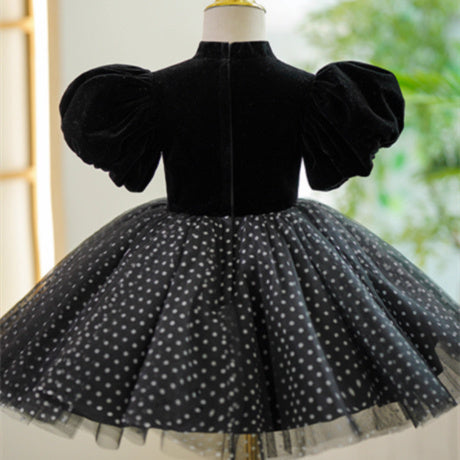 Girl's Flounced Sleeve Dot Mesh Princess Dress
