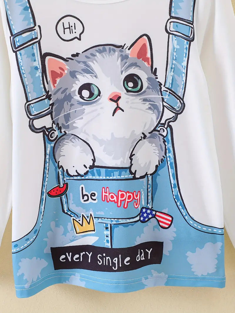 Haut à manches longues pour petite fille, motif chaton mignon, cadeau pour enfants, fête