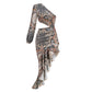 Robe à épaules inclinées et motif floral irrégulier à motif feuille de lotus pour femme