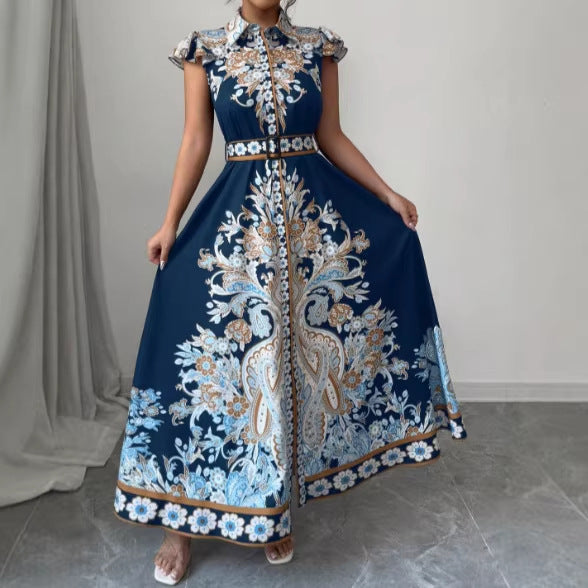 Fitted-waist Notched-collar Long Dress With Cap Sleeves