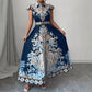 Fitted-waist Notched-collar Long Dress With Cap Sleeves