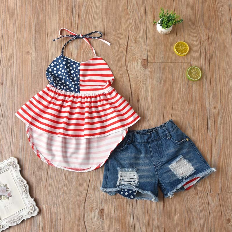 Girls' Spaghetti-strap Floral Print Jeans Suit