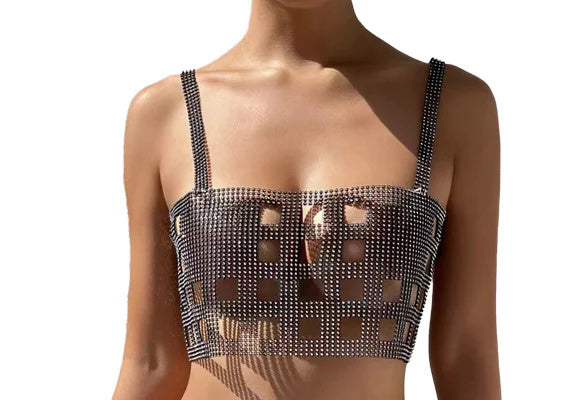 Fishnet Rhinestone Halterneck With Suspenders Hollow Vest Skirt