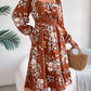 Elegant Flowers Square Collar Long Sleeve Waist Trimming Ruffles A- Line Skirt