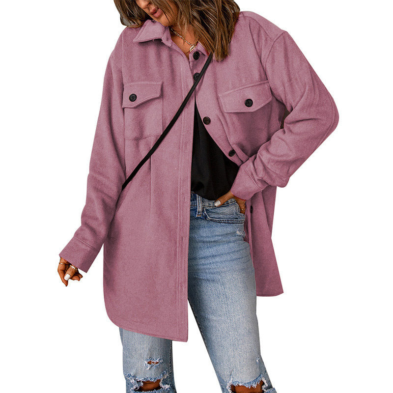 Women's Corduroy Solid Color Single Breasted Casual Lapel Woolen Jacket