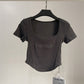 T-shirt court taille haute pour femme, haut court et sexy, moulant, à manches courtes et ourlet incurvé, été
