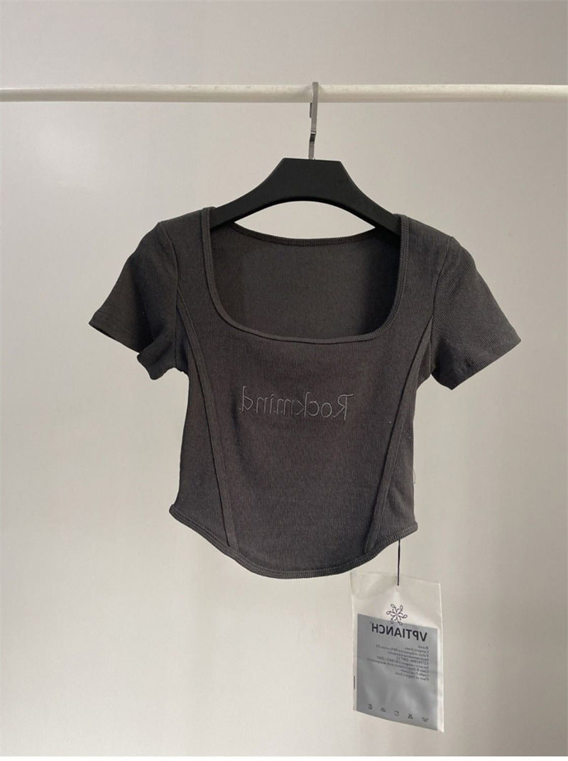 T-shirt court taille haute pour femme, haut court et sexy, moulant, à manches courtes et ourlet incurvé, été