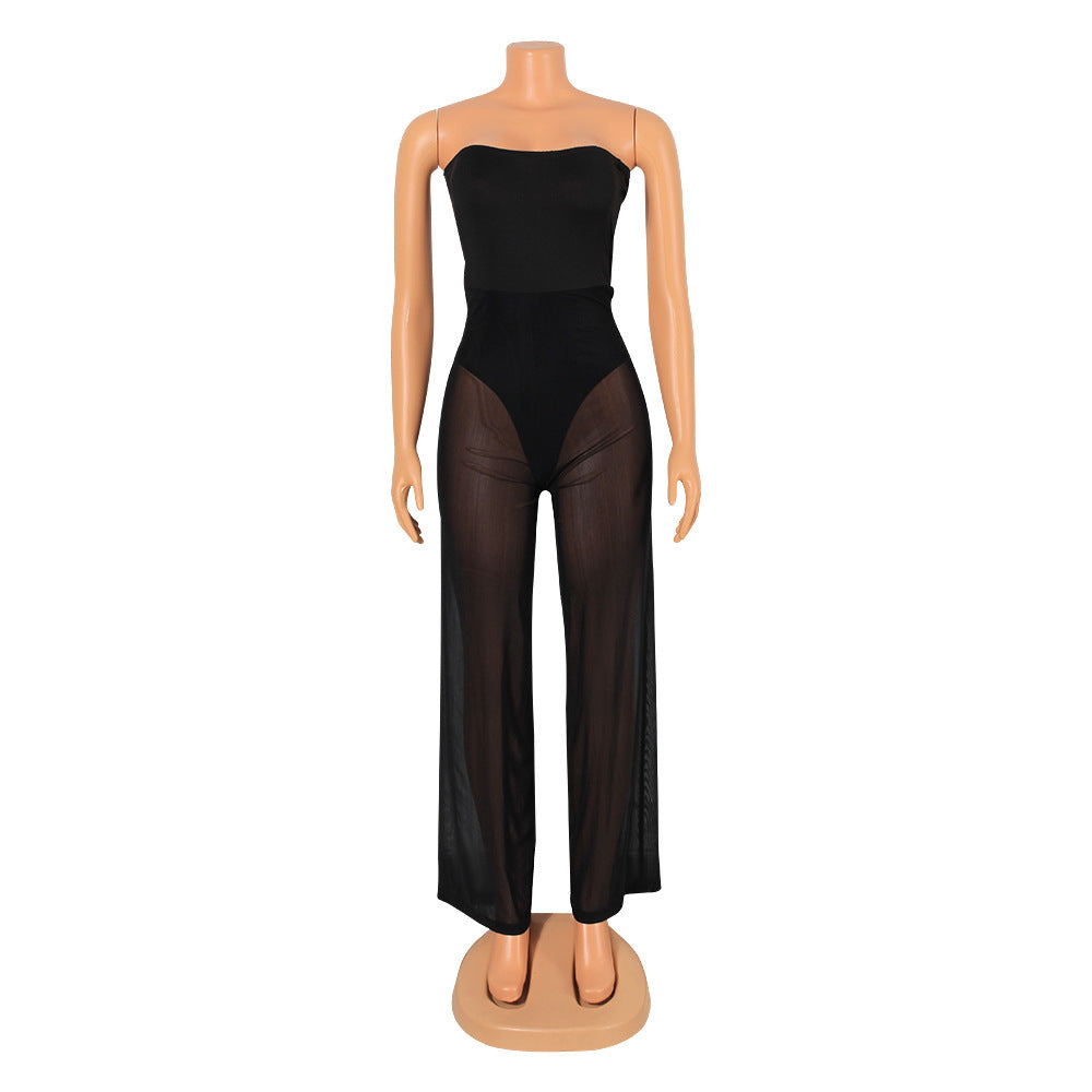 Fashion Wrap Breast Mesh Sheer Jumpsuit Trousers