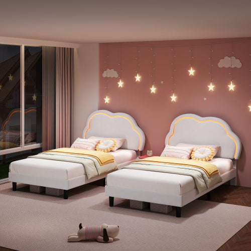 3ft Single Upholstered Bed With LED Adjustable Cute Cloud Headboard, Soft Velvet Bed Frame With Solid Wood Slat, No Box Spring Needed, Easy Assembly, Cream White No Mattress
