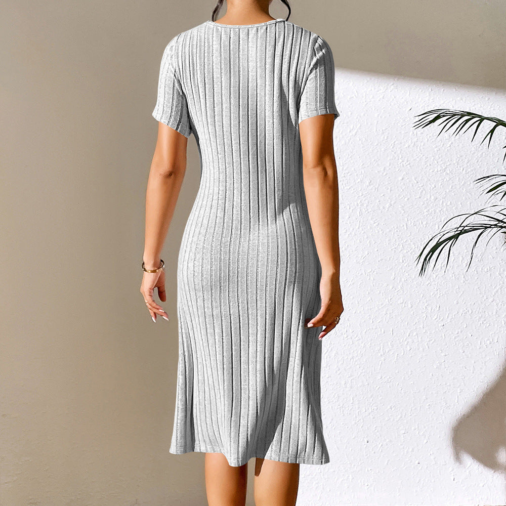 Cross Border Women's Solid Color Slit Slim Fit Hip Short Sleeve Dress
