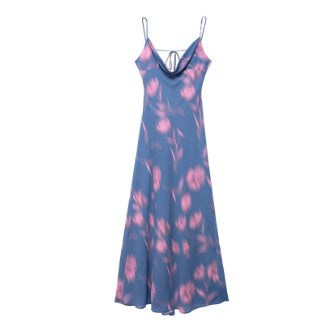 Draped Collar Printing Slip Dress Women