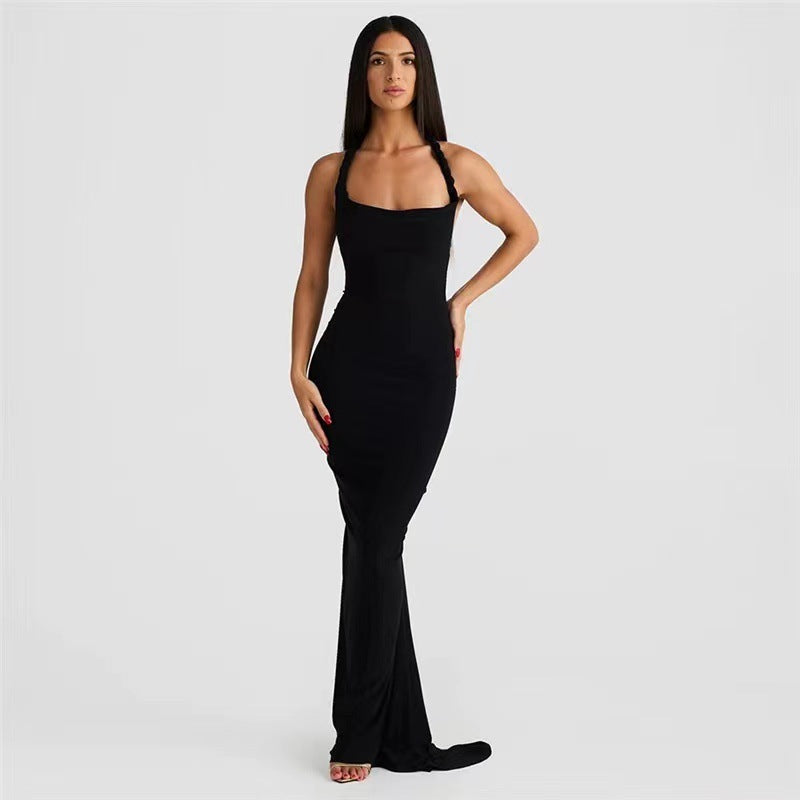 Robe d'été longue et légère pour femme, coupe ajustée, dos nu, avec bretelles