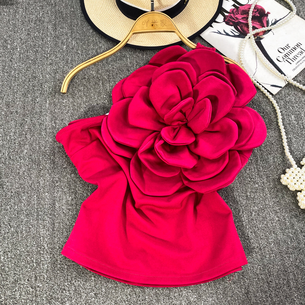 Pure Desire Three-dimensional Large Flower Diagonal Collar One-shoulder Top