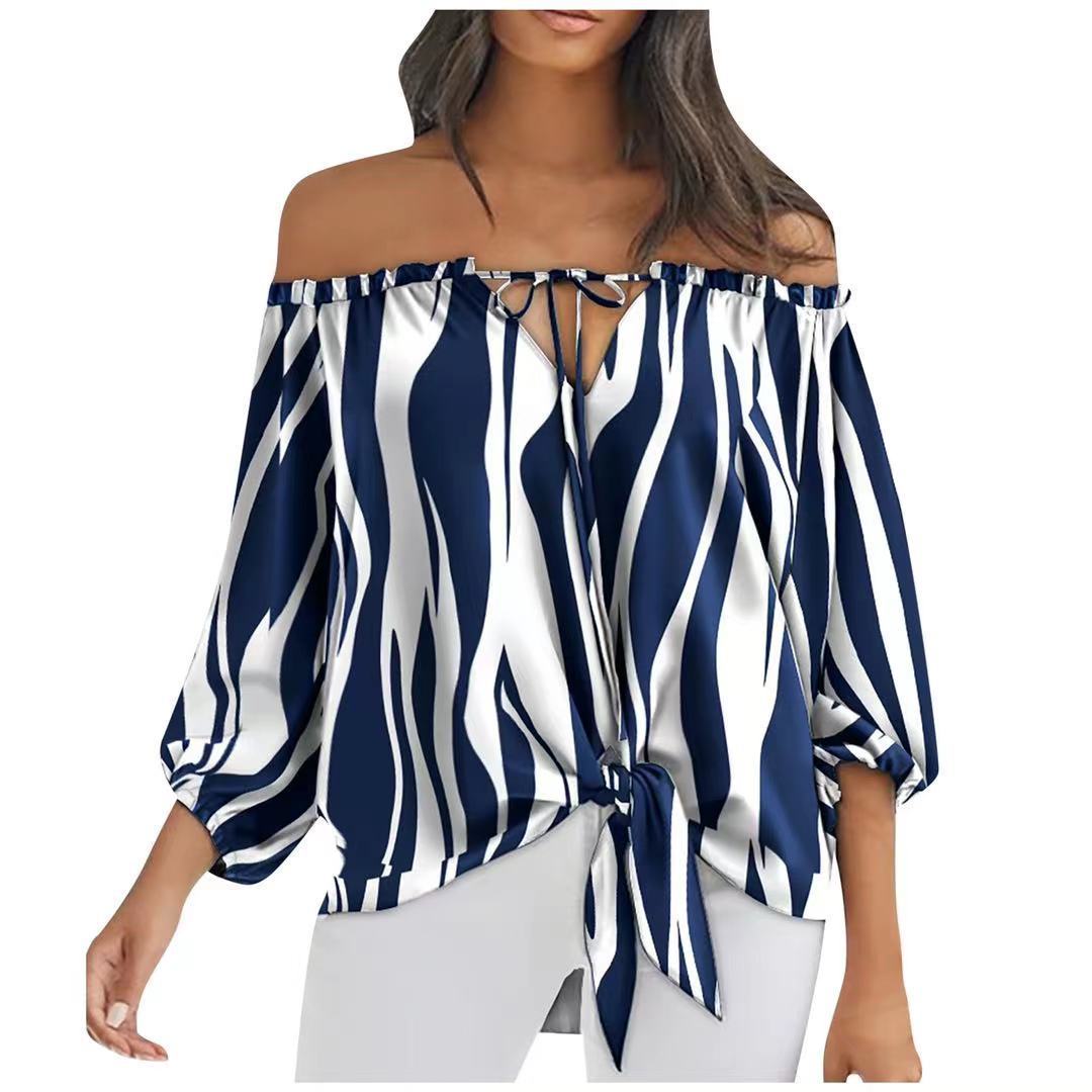 Striped Off-the-shoulder Chiffon Shirt Women's Long Sleeve