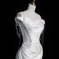 Satin Off-shoulder Fishtail Simple Welcome Yarn Pearl Dress