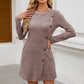Women's Round Neck Side Button Pocket Long Sleeve Girdle Dress