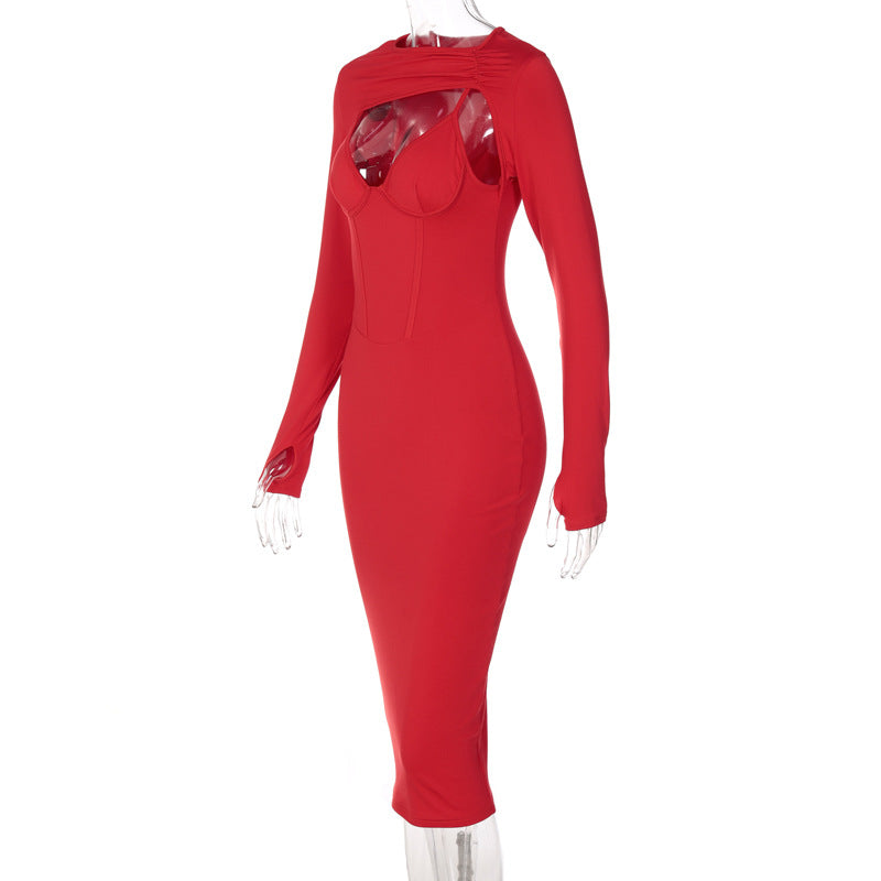 Fashion Solid Color Long-sleeved Slim Fit Hip Dress