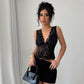 Slim Fit Flocking Mesh Black Contrast Color Lace V-neck Vest Top