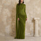 Womens Pleated Ribbon Crew-Neck Long-Sleeve Dress