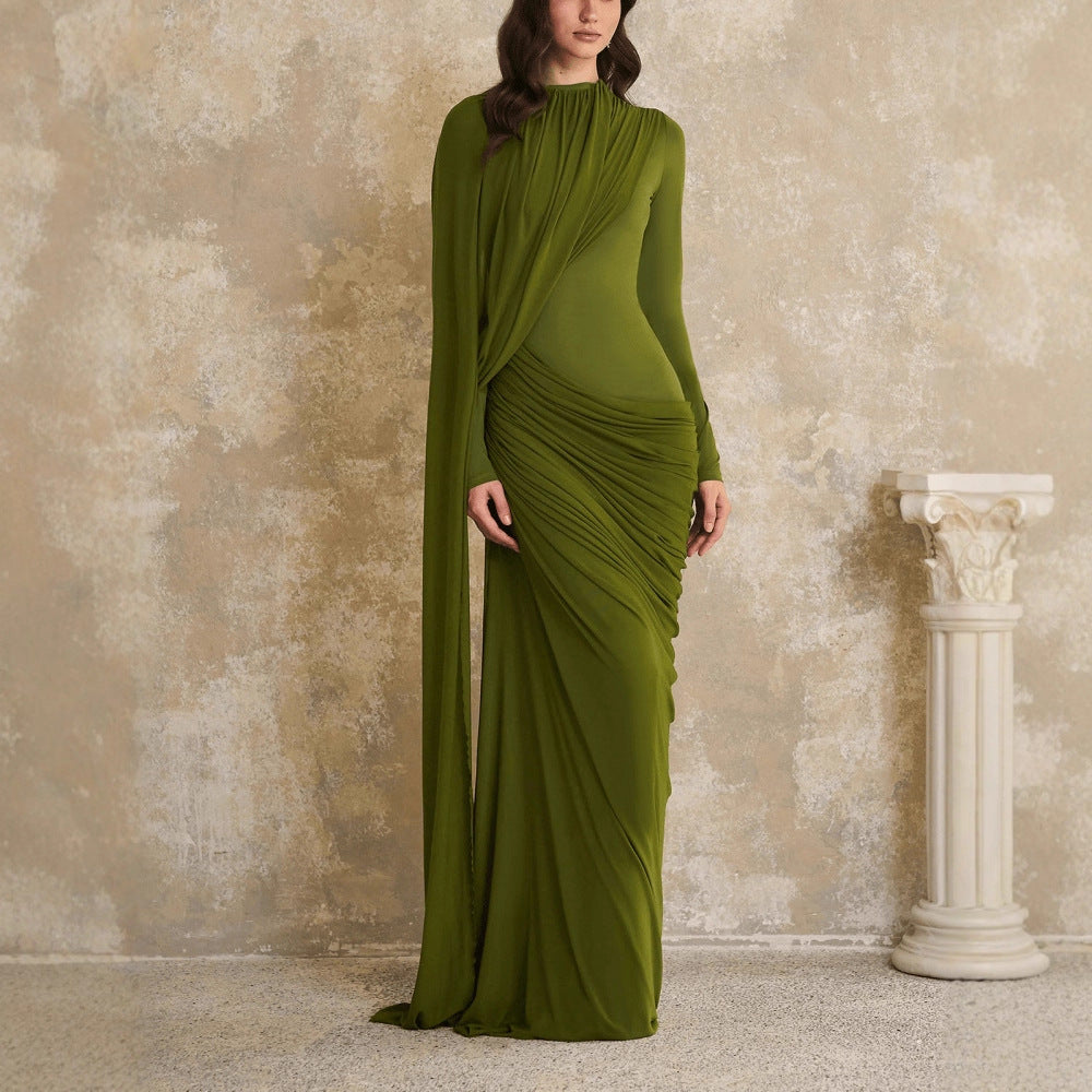 Womens Pleated Ribbon Crew-Neck Long-Sleeve Dress