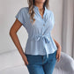 Button Drawstring Short Sleeve Shirt Top Women's Clothing