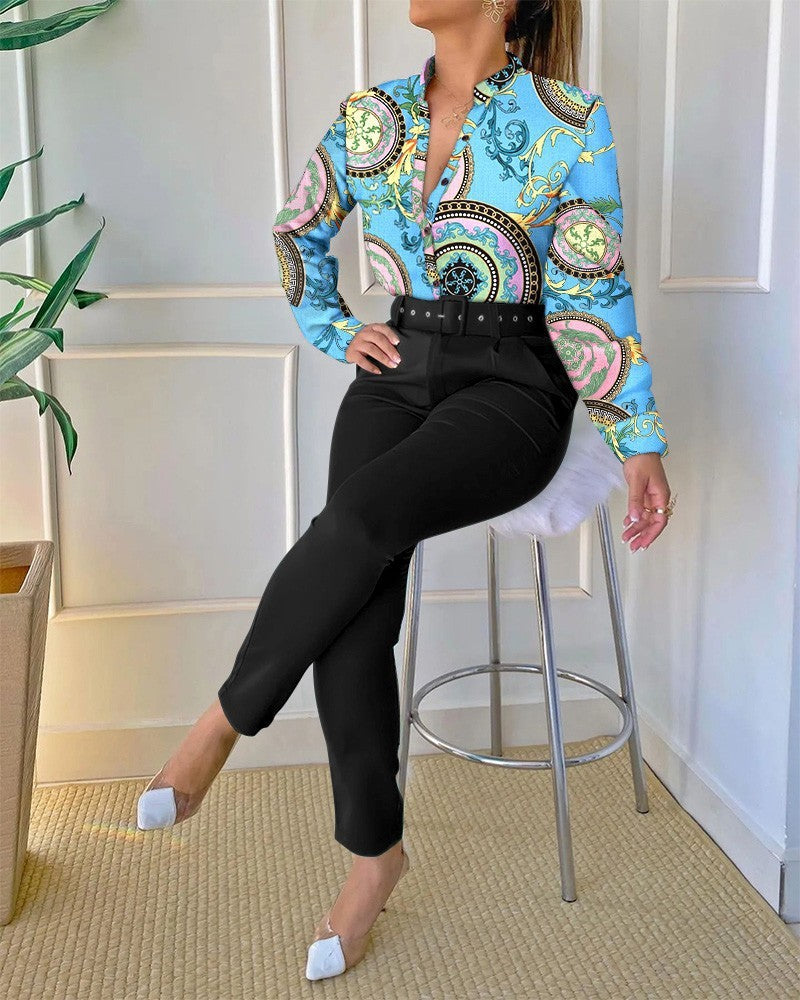 Ensemble chemise à manches longues et pantalon à ceinture pour femme, imprimé numérique