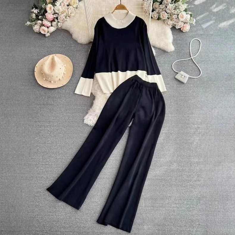 Fashion Women's Long-sleeved Top High Waist Slimming Wide-leg Pants Suit