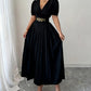 Cross V-Neck Defined Waist Slimming Puff Sleeve Patchwork Pleated Dress For Women