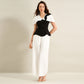 Elegant Commuter Black-and-White Color-Block Shirt Set