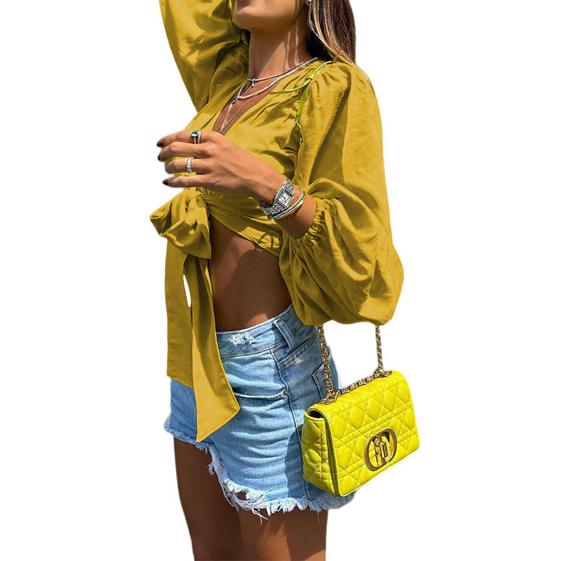 Women's Fashion Long Sleeve Deep V-neck Short Top
