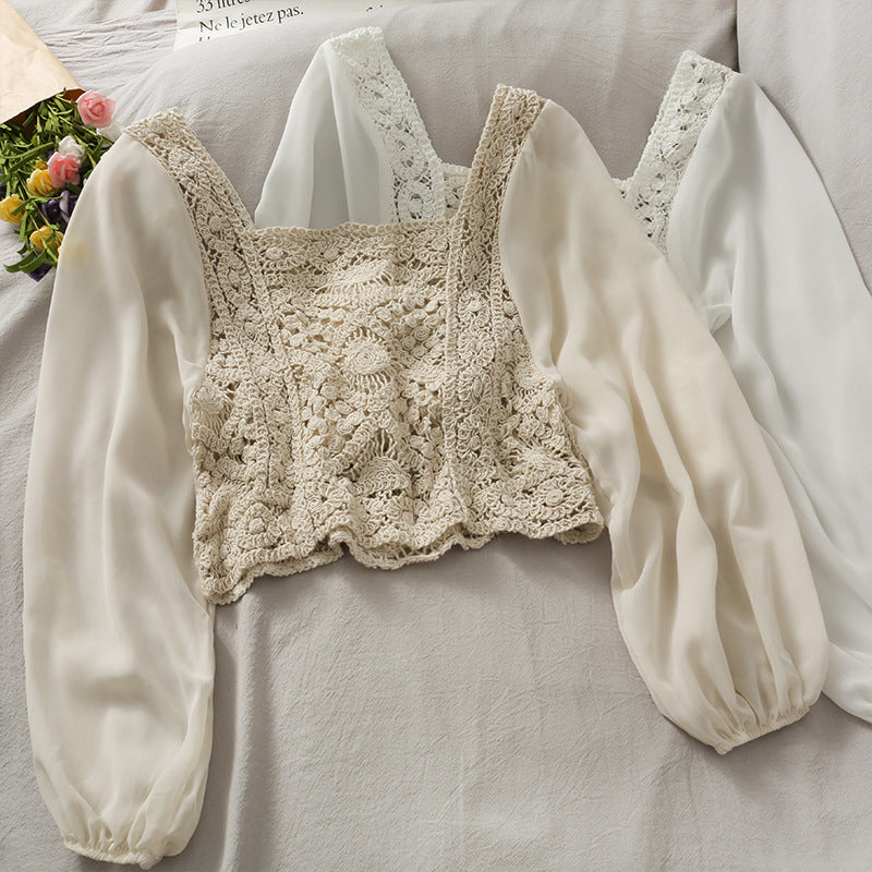 Women's Chiffon Panel Puff Long Sleeve Top