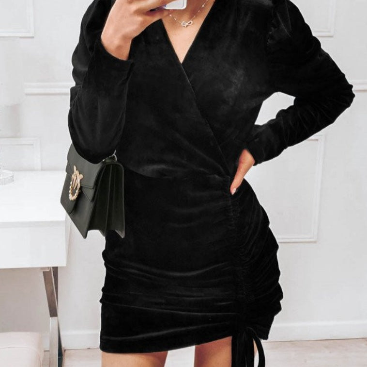 Puff Sleeve V Neck  Slim Pull Rope Wrap Hip Dress