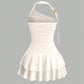 One-Shoulder Halterneck Slimming Waist-Cinching Pleated Skirt Pure And Alluring Versatile Off-Shoulder Dress