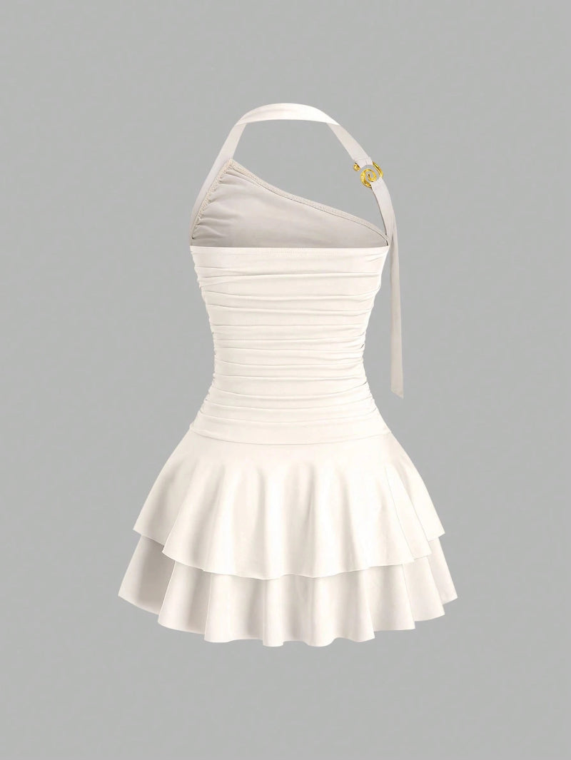 One-Shoulder Halterneck Slimming Waist-Cinching Pleated Skirt Pure And Alluring Versatile Off-Shoulder Dress