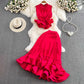 Stand Collar Ruffled Sleeveless Top High Waist Fishtail Skirt Suit