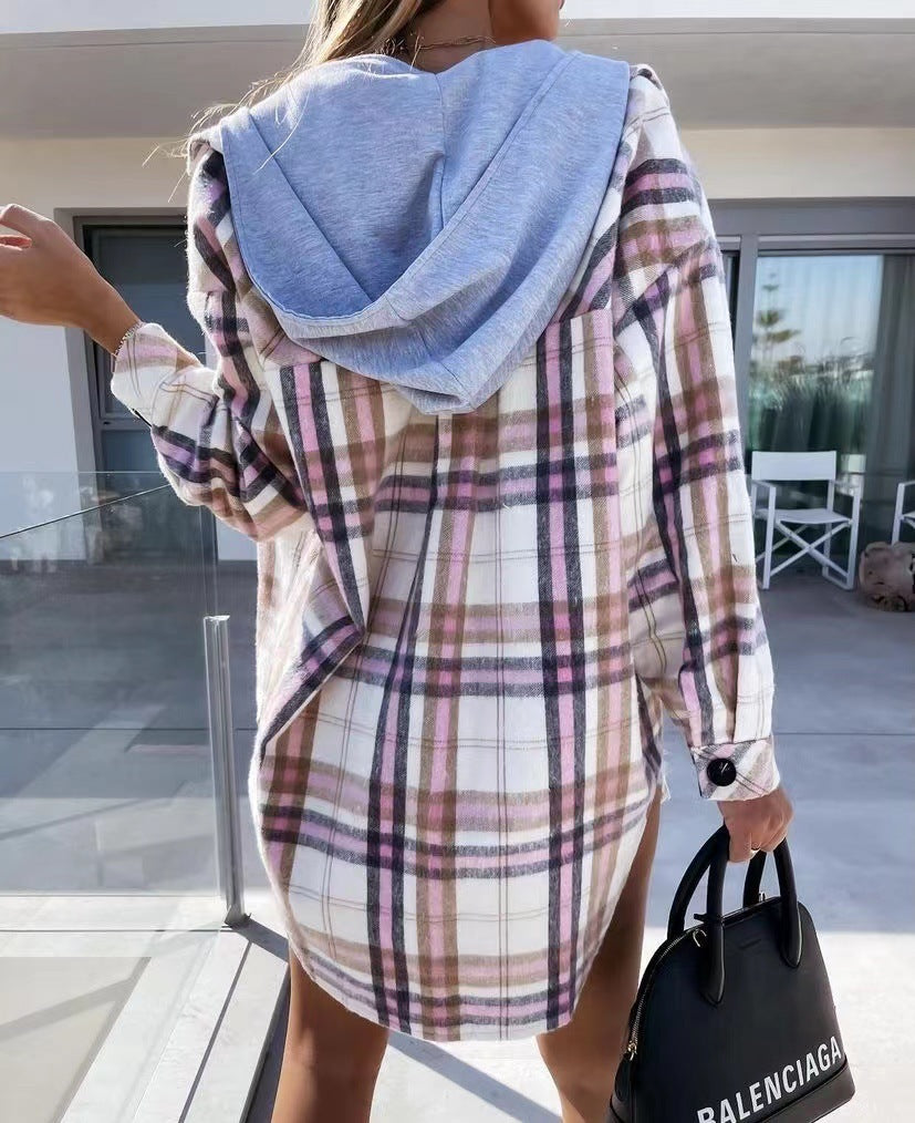 Women's Fashion Hooded Woolen Plaid Coat