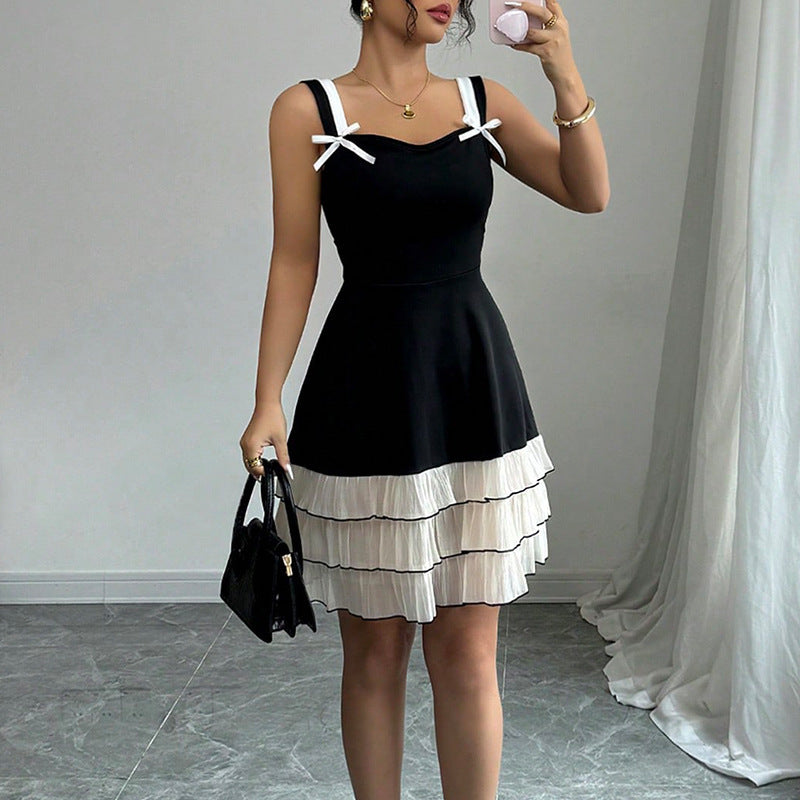 Women's Sling Contrast Color Multi-layer Cake Dress
