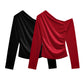 Diagonal Collar Pleated Slim-fit Asymmetric Long-sleeved Top For Women