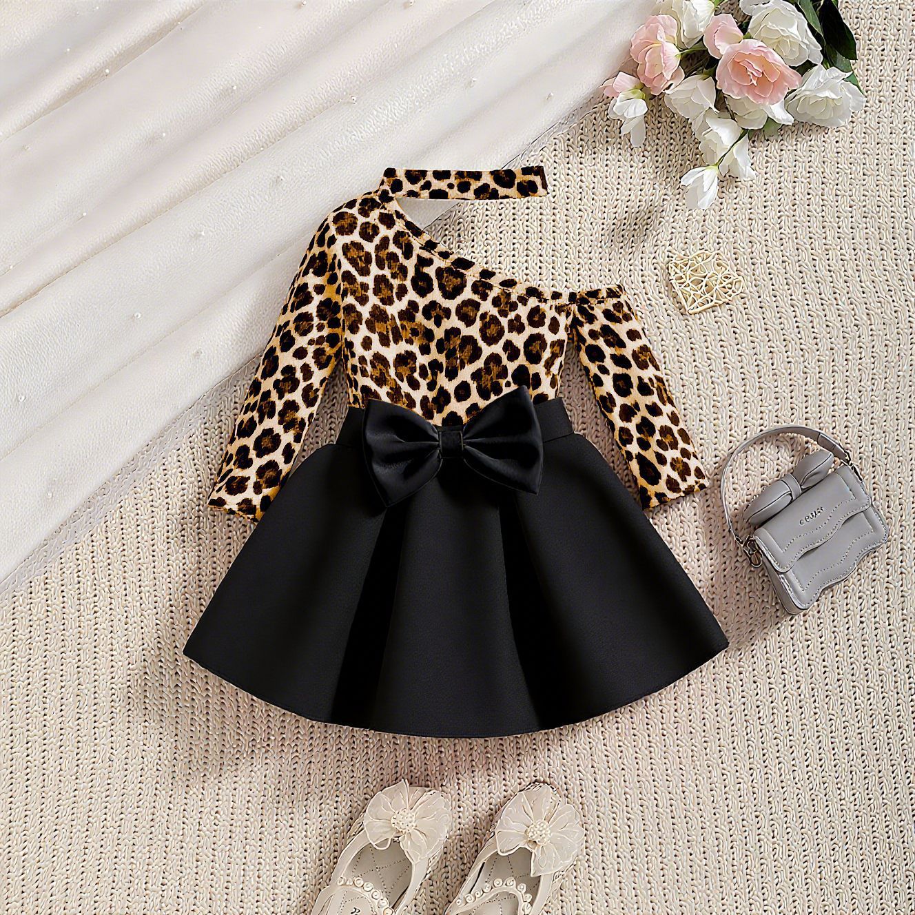Bow Ruffled Dress Two-piece Set