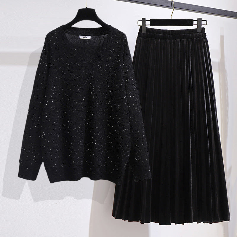 Fat Sister V-neck Sweater Korean Style Gold Velvet Skirt