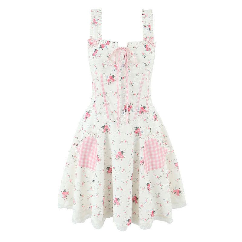 Summer Heart-shaped Pocket Fishbone Girdle Rose Printing Slip Dress