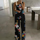 Women's Metal Buckle Vest Top High Waist Wide Leg Jumpsuit