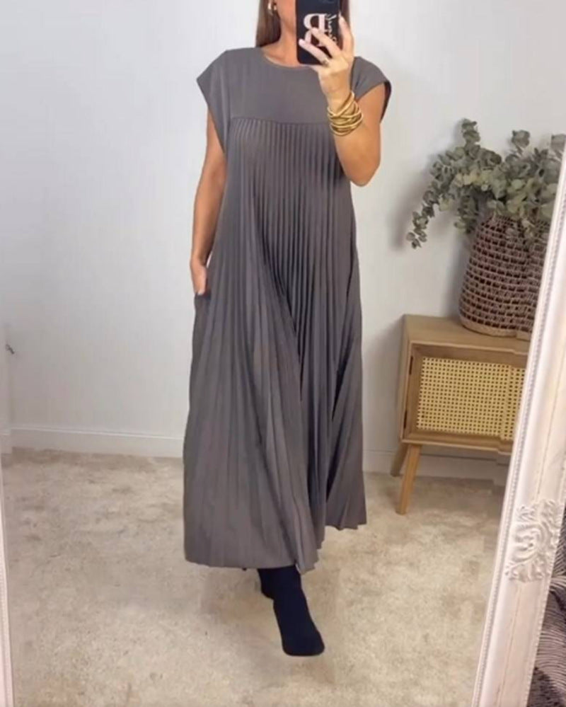 Robe longue plissée à manches courtes et col rond pour femme