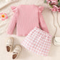 Girl's Long-sleeved Top With Plaid Bow Short Skirt Set