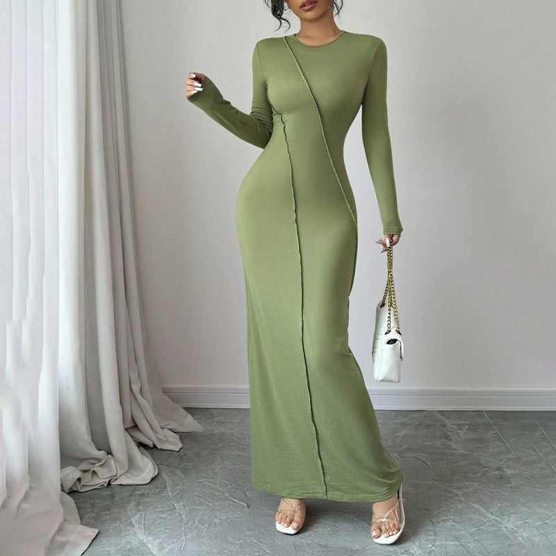 Casual Slim-fit Solid-color Long-sleeve Crew-neck Sheath Dress