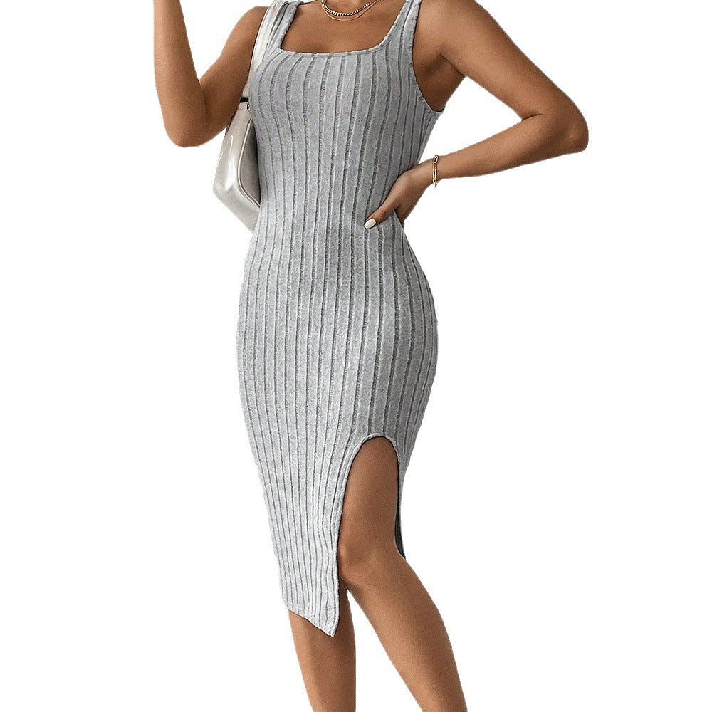 Rib Fabric Slit Solid Color Sling Slim Fit Long Dress