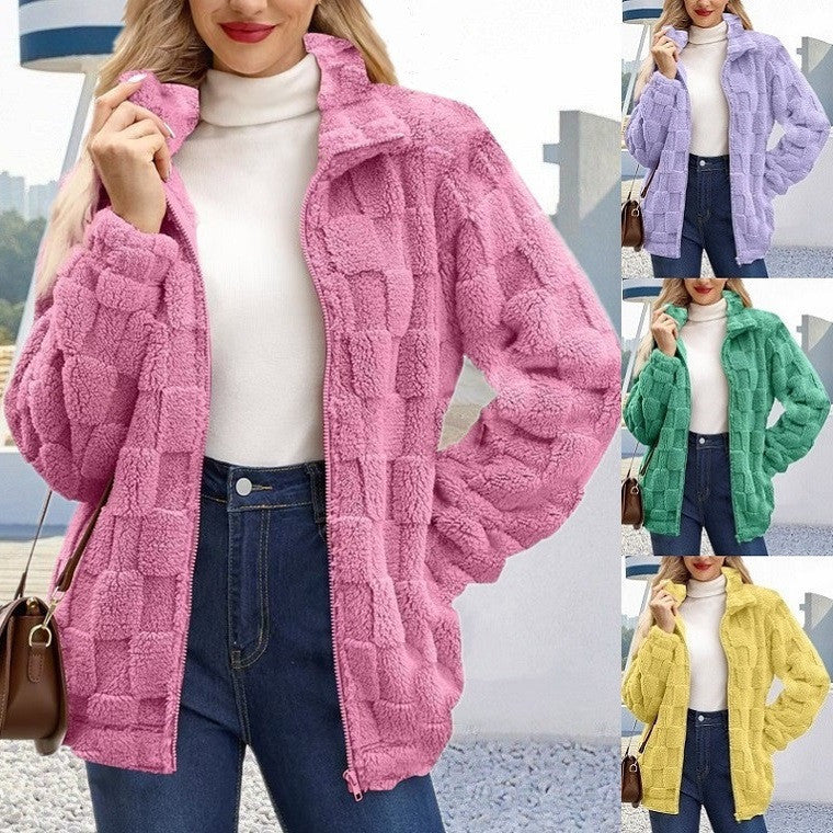 Women's Zipped Stand Collar Loose Jacquard Square Plaid Plush Coat