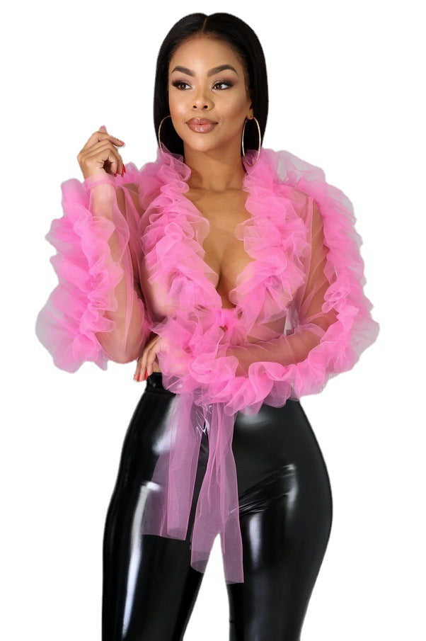 Long Sleeve Sheer Three Layer Mesh  Top Cardigan