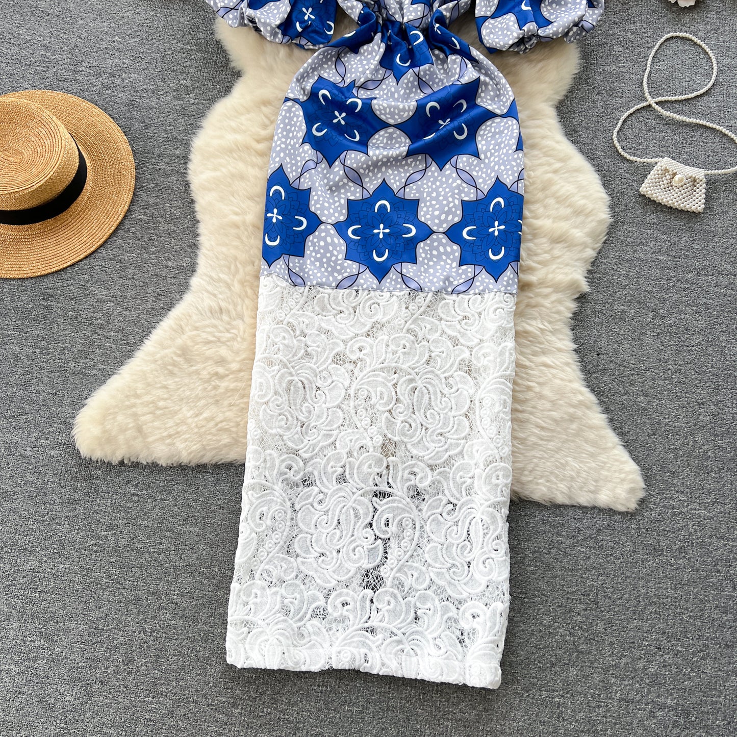 Women's Printed Color Contrast Patchwork Long Lace Dress
