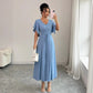 Elegant French-inspired High-end Blue V-neck Belted Maxi Dress